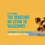 Texto sobre derechos de consumo en verano con palmeras y sombrillas