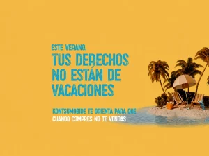 Texto sobre derechos de consumo en verano con palmeras y sombrillas