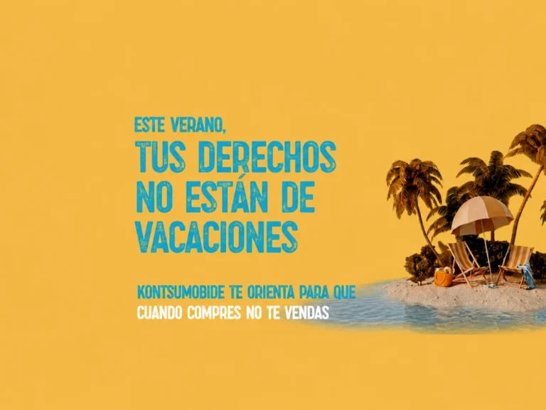 Texto sobre derechos de consumo en verano con palmeras y sombrillas