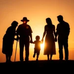 Silhouette de una familia al atardecer, con un niño en el centro.