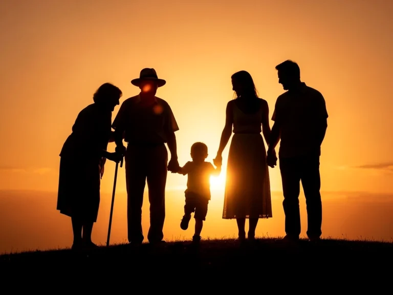 Silhouette de una familia al atardecer, con un niño en el centro.