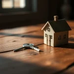 Casa de madera en miniatura junto a una llave sobre una mesa de madera
