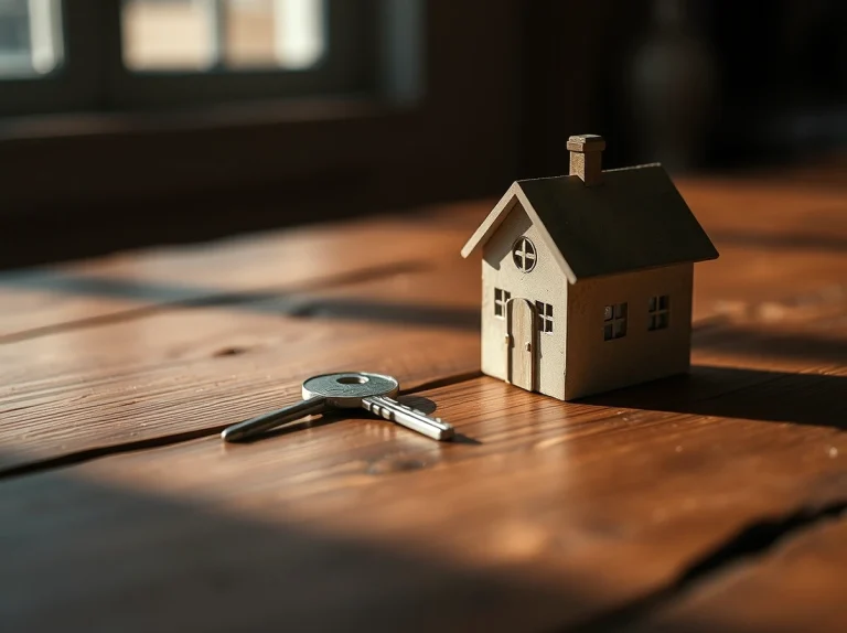 Casa de madera en miniatura junto a una llave sobre una mesa de madera
