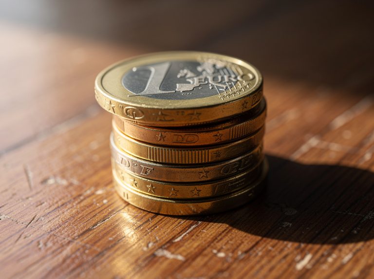 Monedas de euro apiladas sobre una superficie de madera