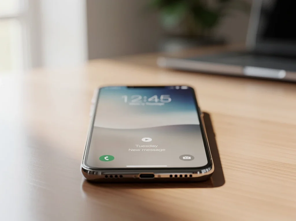 Teléfono móvil sobre una mesa de madera con pantalla encendida.