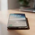 Teléfono móvil sobre una mesa de madera con pantalla encendida.