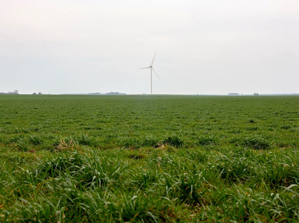Campo verde con un aerogenerador al fondo