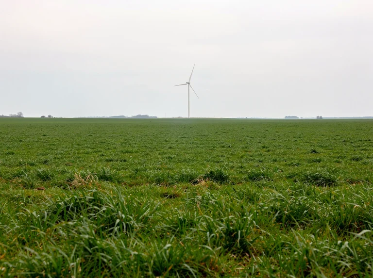 Campo verde con un aerogenerador al fondo