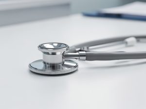 Estetoscopio sobre una mesa blanca en un entorno médico.