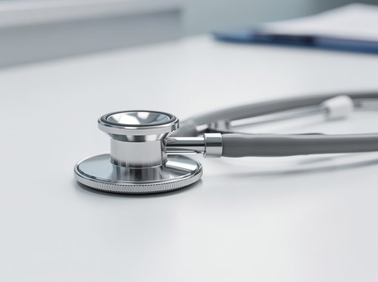 Estetoscopio sobre una mesa blanca en un entorno médico.