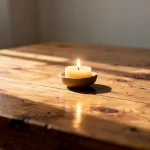 Una vela encendida sobre una mesa de madera iluminada.