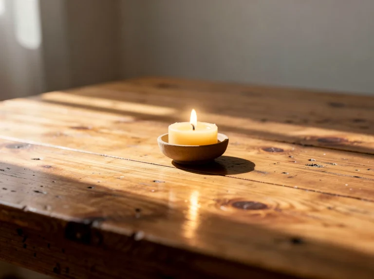 Una vela encendida sobre una mesa de madera iluminada.