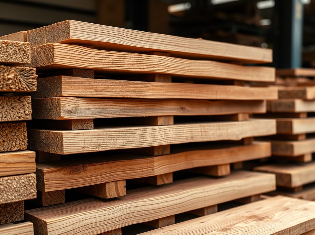 Pilas de madera apiladas en una planta de producción
