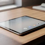 Tableta sobre una mesa de madera con luz natural