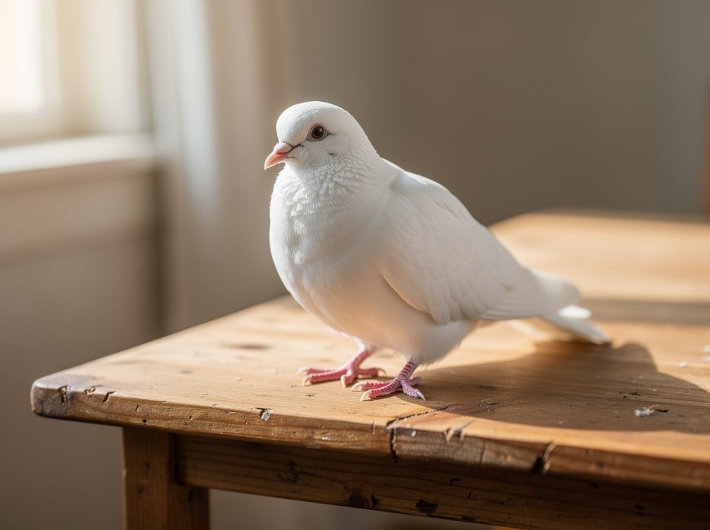 Paloma blanca posada sobre una mesa de madera clara
