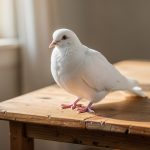 Paloma blanca posada sobre una mesa de madera clara