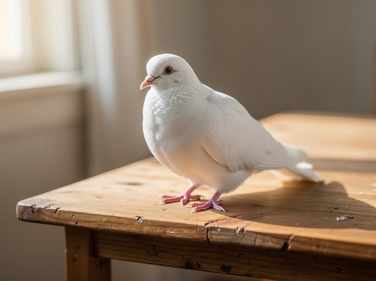 Paloma blanca posada sobre una mesa de madera clara