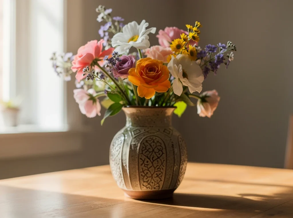 Jarrón decorativo con flores de colores sobre una mesa