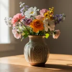 Jarrón decorativo con flores de colores sobre una mesa