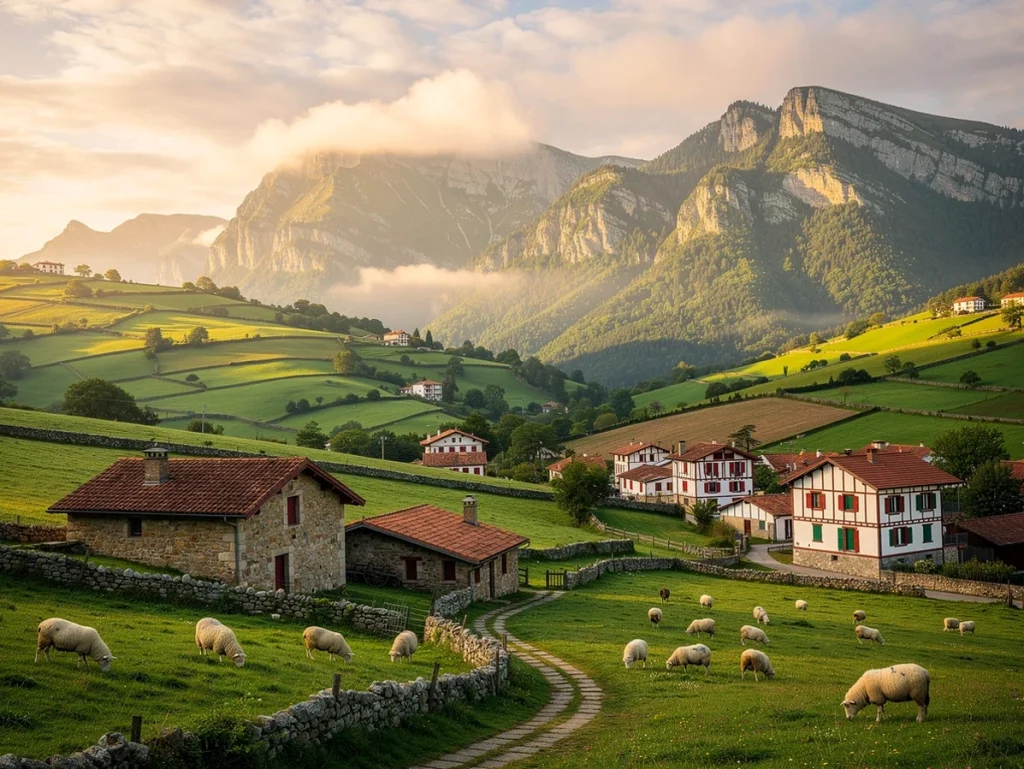 Paisaje rural con montañas, casas y ovejas pastando