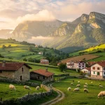 Paisaje rural con montañas, casas y ovejas pastando