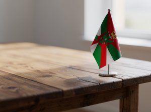 Pequeña bandera del País Vasco sobre una mesa de madera