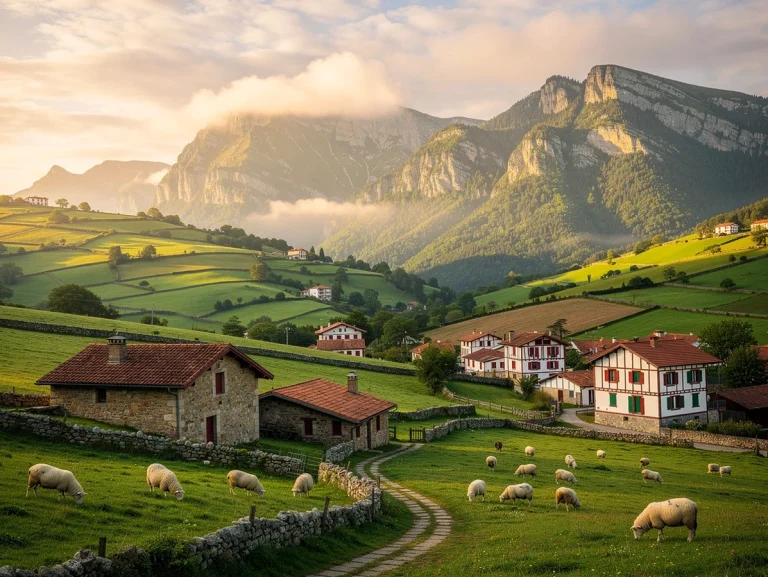 Paisaje rural con montañas, casas y ovejas pastando