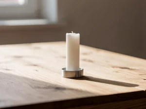 Vela blanca encendida sobre una mesa de madera clara.