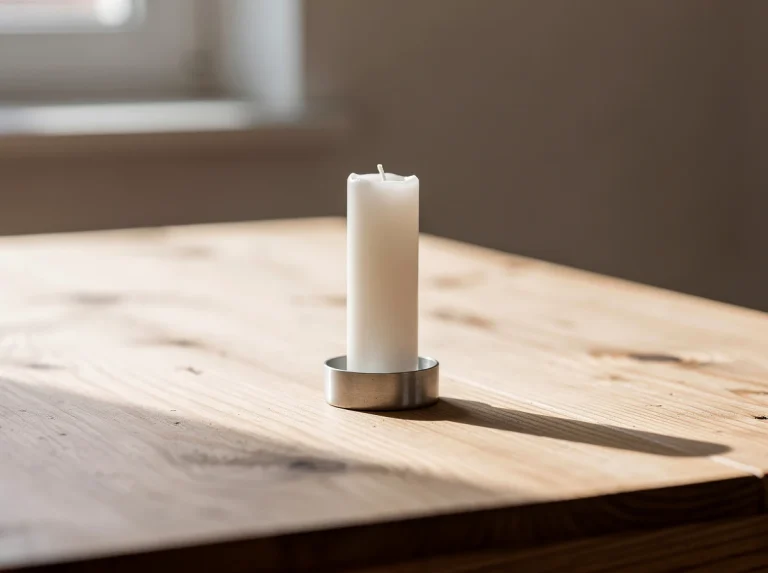 Vela blanca encendida sobre una mesa de madera clara.