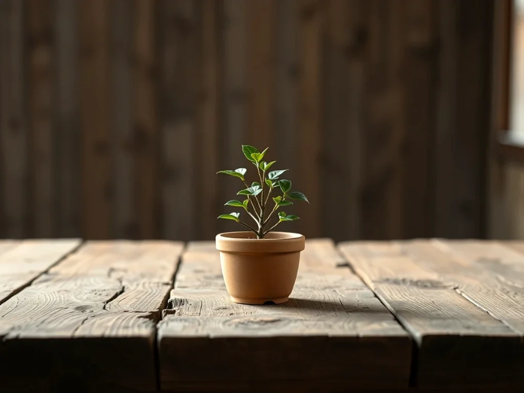 Planta pequeña en maceta de barro sobre mesa de madera