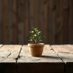 Planta pequeña en maceta de barro sobre mesa de madera