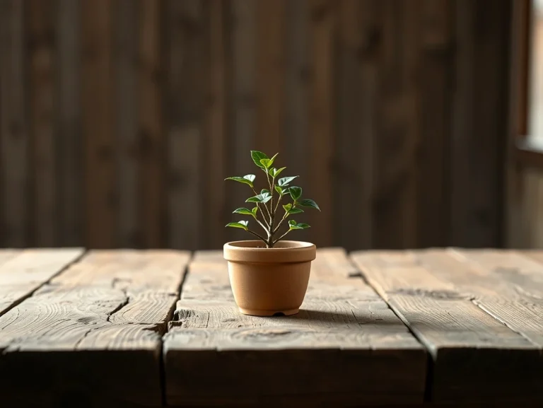 Planta pequeña en maceta de barro sobre mesa de madera