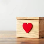 Caja de madera con un corazón rojo en la tapa