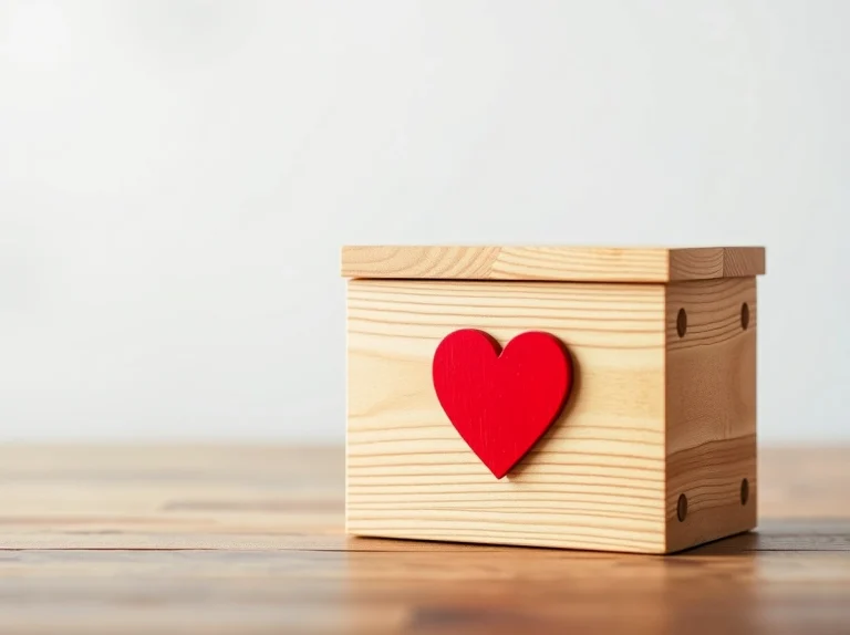Caja de madera con un corazón rojo en la tapa