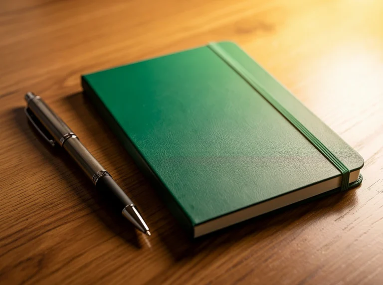 Cuaderno verde y bolígrafo sobre una mesa de madera