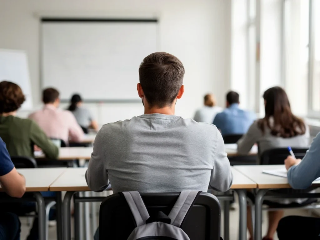 Estudiantes en un aula durante un examen oral