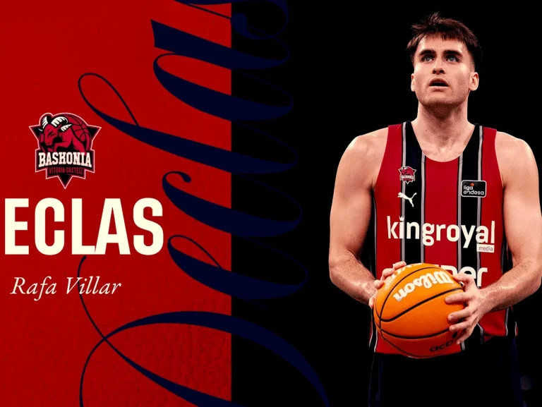 Jugador de baloncesto sosteniendo un balón, con fondo rojo y negro.
