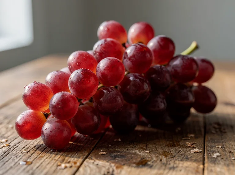 Racimo de uvas rojas sobre una mesa de madera