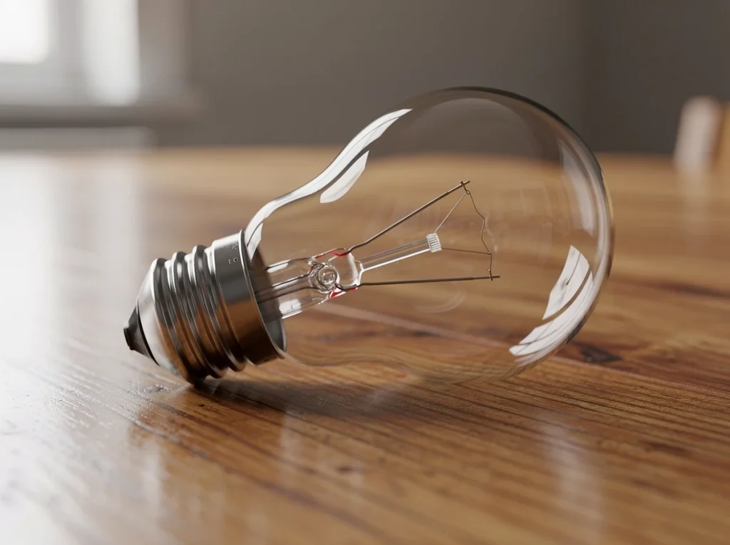 Bombilla de luz sobre una mesa de madera