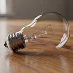Bombilla de luz sobre una mesa de madera
