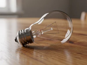 Bombilla de luz sobre una mesa de madera