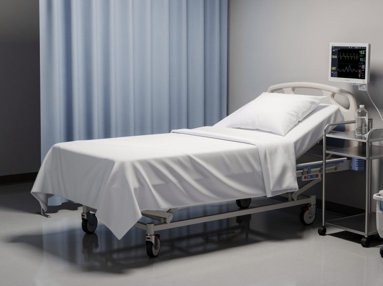 Cama de hospital con sábanas blancas y monitor médico.