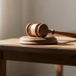 Martillo de juez sobre una mesa de madera iluminada