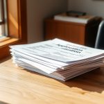 Pila de documentos sobre una mesa de madera junto a una ventana