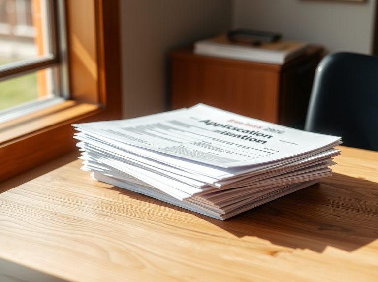 Pila de documentos sobre una mesa de madera junto a una ventana