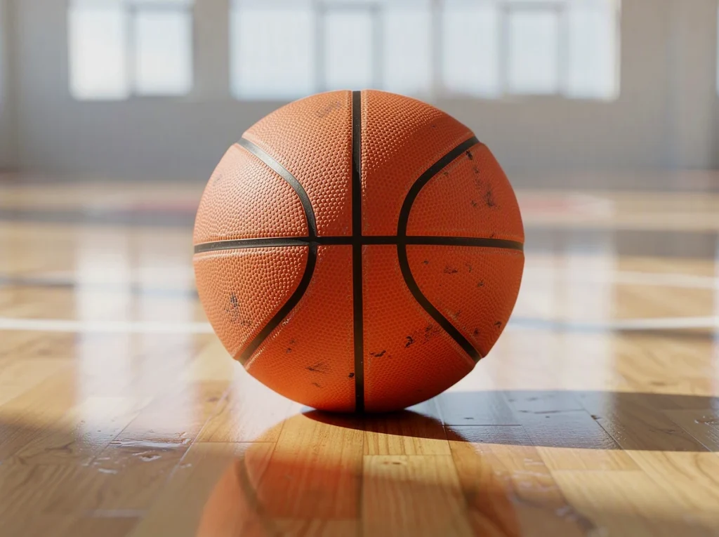 Balón de baloncesto sobre una cancha de madera iluminada
