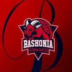 Logo del Baskonia sobre fondo rojo con detalles gráficos