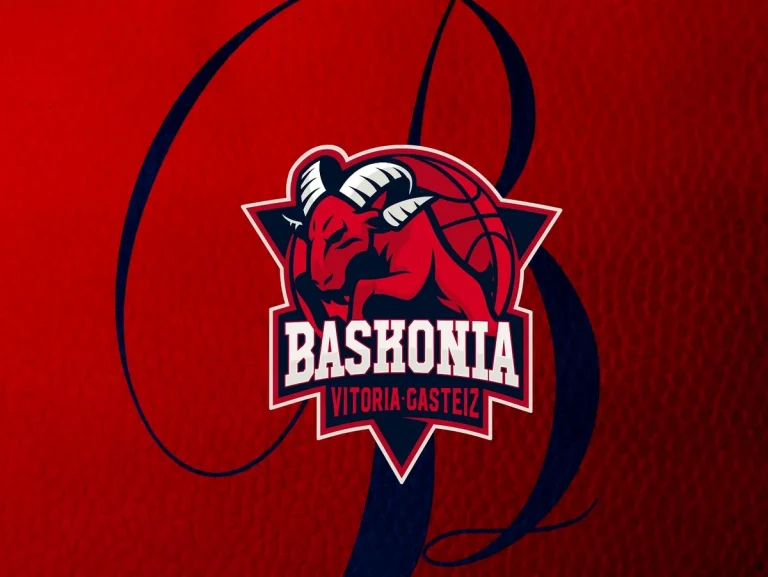 Logo del Baskonia sobre fondo rojo con detalles gráficos