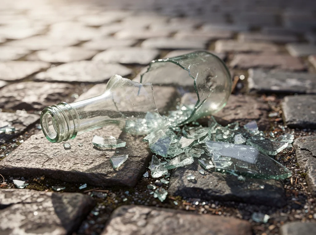 Botella de cristal rota sobre un pavimento de piedra