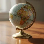 Globo terráqueo sobre una mesa de madera, mostrando continentes.